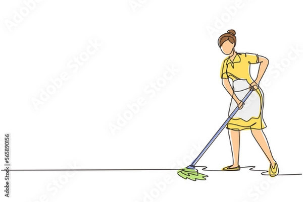 Fototapeta Single continuous line drawing woman mopping floor in uniform. Girl cleaner janitor cleaning office. Cleaning service, hospital disinfection. Cleaning workers. One line draw design vector illustration