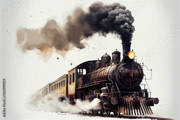 Obraz train with smoke on white background. Generative AI based.