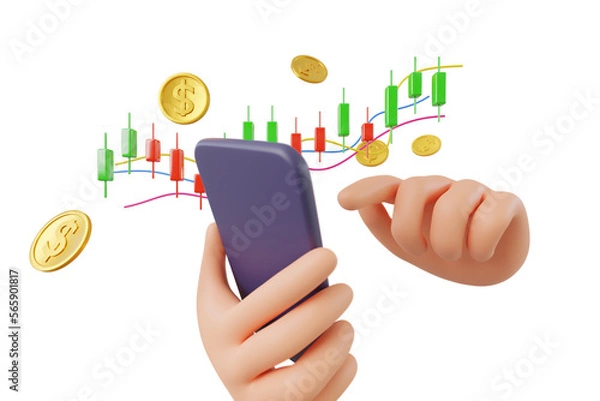 Fototapeta 3D Cartoon hand holding smartphone using crypto trading graph symbol, investment stock market, 3D rendering illustration
