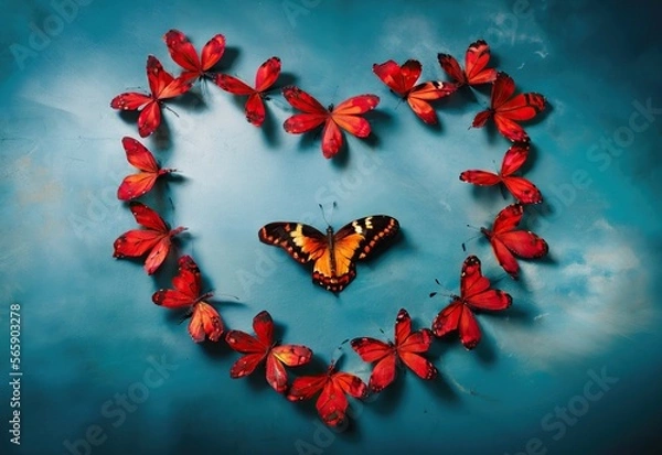 Fototapeta heart made of red butterflies, Generative AI