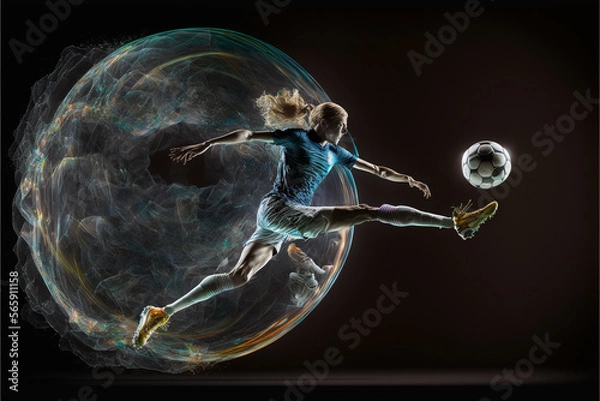 Obraz A futuristic young female soccer player hologram playing with a soccer ball. Generative ai