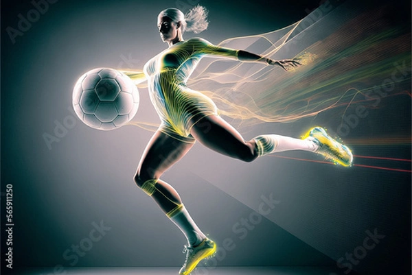 Obraz A futuristic young female soccer player hologram playing with a soccer ball. Generative ai