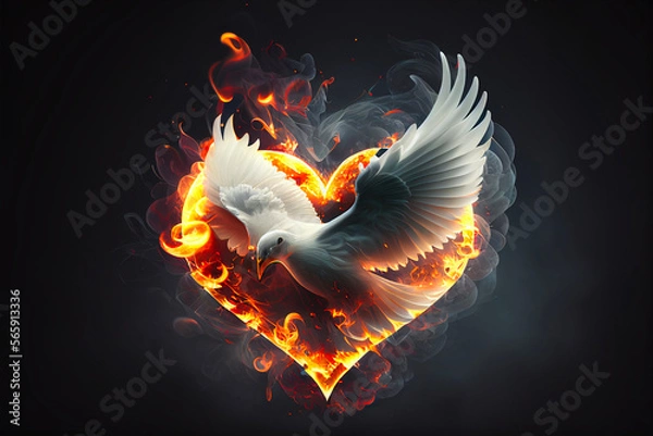 Fototapeta White dove flying from the shape of a heart made of flames, on a dark background. Generative AI