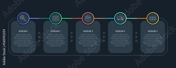 Fototapeta Dark Infographics with recurring process. Five steps and colorful elements. Thin line vector icons. Data graphs for flow charts, presentations and UI