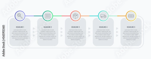 Fototapeta Light Infographics with recurring process. Five steps and colorful elements. Thin line vector icons. Data graphs for flow charts, presentations and UI