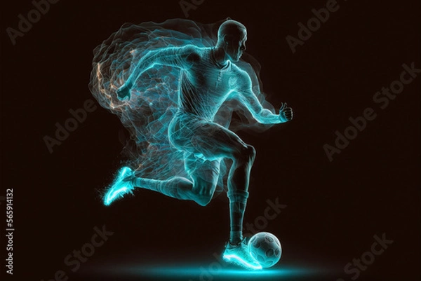 Obraz A futuristic young male soccer player hologram playing with a soccer ball. Generative ai