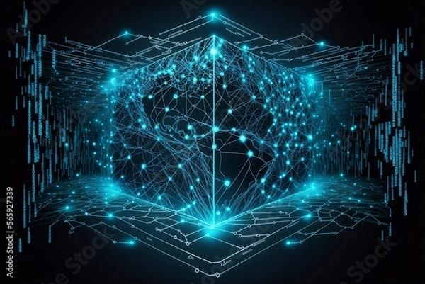 Fototapeta Futuristic Network Connection Visualized with Abstract Blue Background and Dynamic Dots and Lines Illustration
