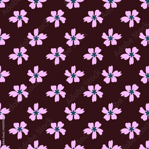 Fototapeta Vibrant seamless vector pattern of pink flower on dark brown background for wrapping and printing