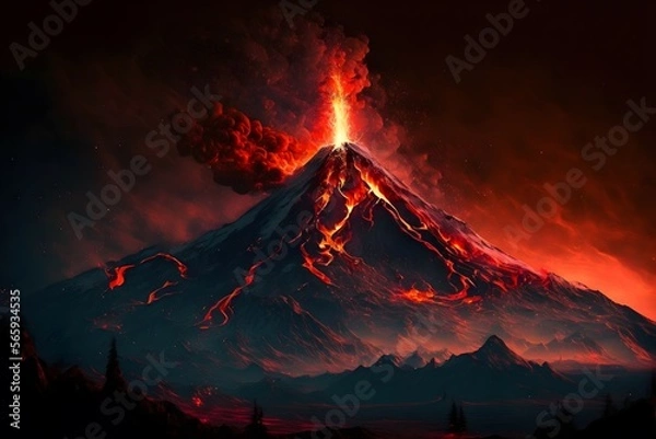 Fototapeta Exploding volcano in a dark, puprle, dusty, mountain scenery with lava coming out of it. Generative AI