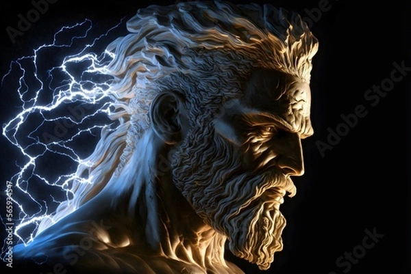 Fototapeta Illustration of a Zeus head sculpture. Electric discharges coming out from the back. Generative AI