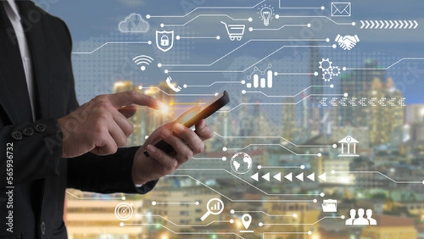 Fototapeta Businessman using smart phone to connect data online, concept using global phone connection to communicate Transactions including storage of personal information.