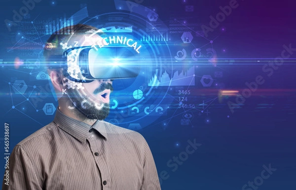 Fototapeta Businessman looking through VR glasses