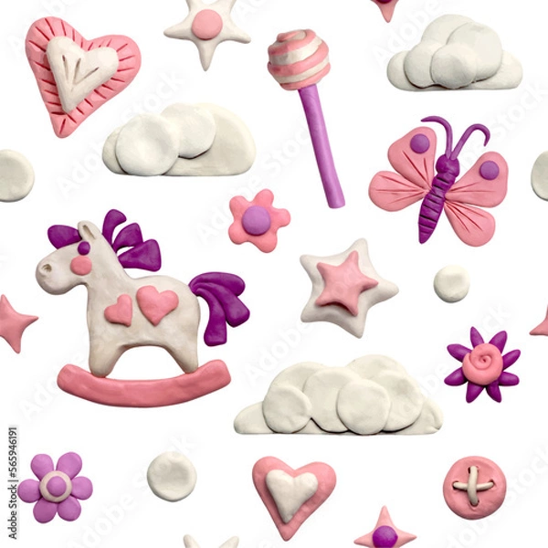 Fototapeta Seamless pattern of clouds, stars, flowers, horses, butterflies, lollipops and plasticine hearts. Colored plasticine clay 3D illustration isolated on white background, cute dough shape.