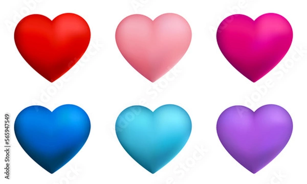Fototapeta Set of realistic  heart shapes, different colors. Festive colorful decorative 3d render object. Vector heart illustration