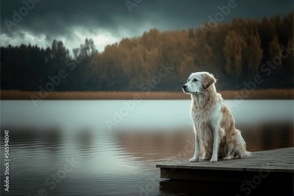 Obraz Dog on doc by lake