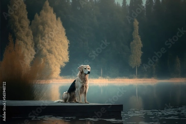 Obraz Dog on doc by lake