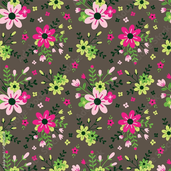 Fototapeta Seamless vector floral pattern in flat style on brown background. Ornament for fabric and wrapping paper with pink, green and yellow small flowers