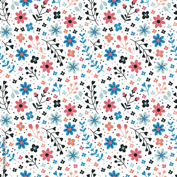 Fototapeta Seamless vector pattern with cute little flowers and twigs on a white background in a rustic style. Retro style ornament with abstract colors for textiles