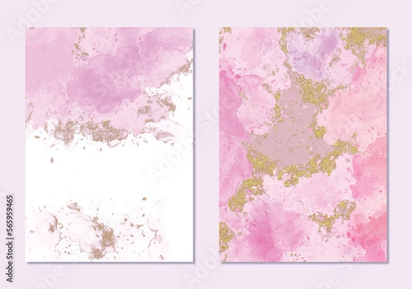 Fototapeta Light watercolor, alcohol ink with gold details background collection. Abstract hand-painted watercolor wet wash splash 5x7 Luxury wedding invitation card and Vip background template collection