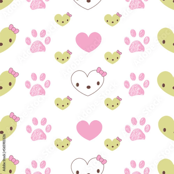 Fototapeta Cute paw print pattern with pink hearts