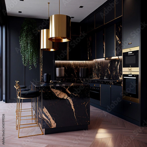 Obraz Generative AI Black and Gold Kitchen