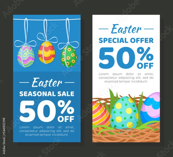 Fototapeta Happy Easter Banner with Decorated Egg Shell Vector Template