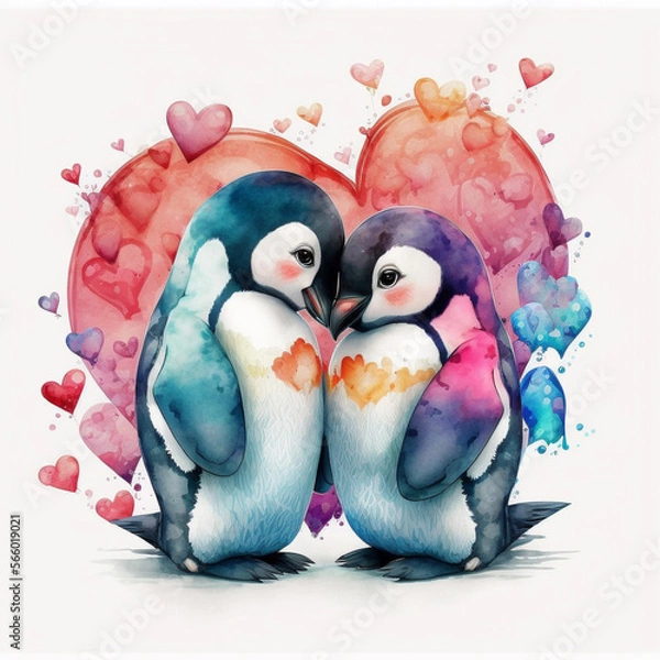 Obraz Valentines Day. Baby Penguins. Hearts. Love. Graphic Resource. Generative Ai
