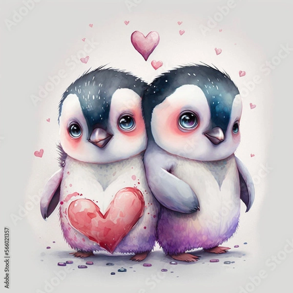 Obraz Valentines Day. Baby Penguins. Hearts. Love. Graphic Resource. Generative Ai
