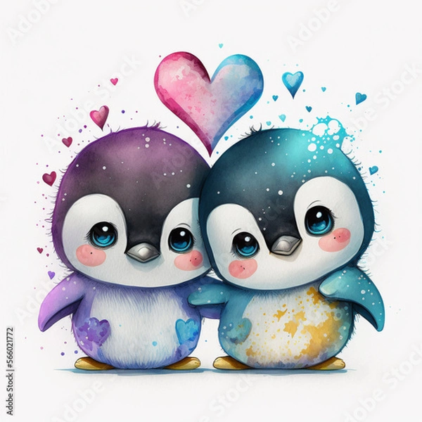 Obraz Valentines Day. Baby Penguins. Hearts. Love. Graphic Resource. Generative Ai