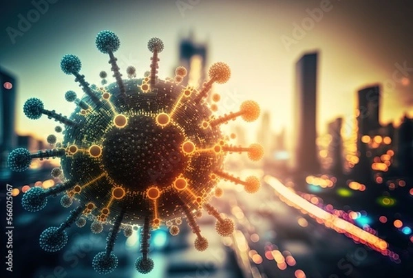 Fototapeta Close up virus microbe with blur cityscape background, idea concept of ppidemic situation and measurement to solve problem, Generative Ai