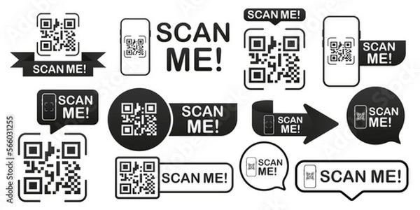 Obraz QR codes for smartphone. QR code with inscription scan me with smartphone. Scan me icon. Scan qr code icon for payment. QR code for mobile app, payment and identification. Vector illustration