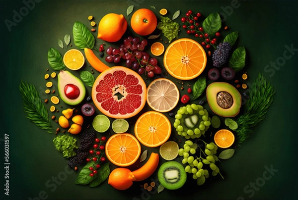 Fototapeta Fruit and vegetable background. Top view. generative ai.