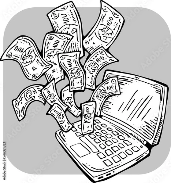 Fototapeta Money cash flying into and out of wallet. Income transfer, currency revenue, inflation and deflation, finance and business theme. Hand drawing illustration. Cartoon style line drawing.