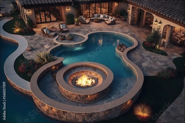 Fototapeta Pool with a built-in hot tub and a fire pit nearby, concept of Relaxation and Luxury, created with Generative AI technology