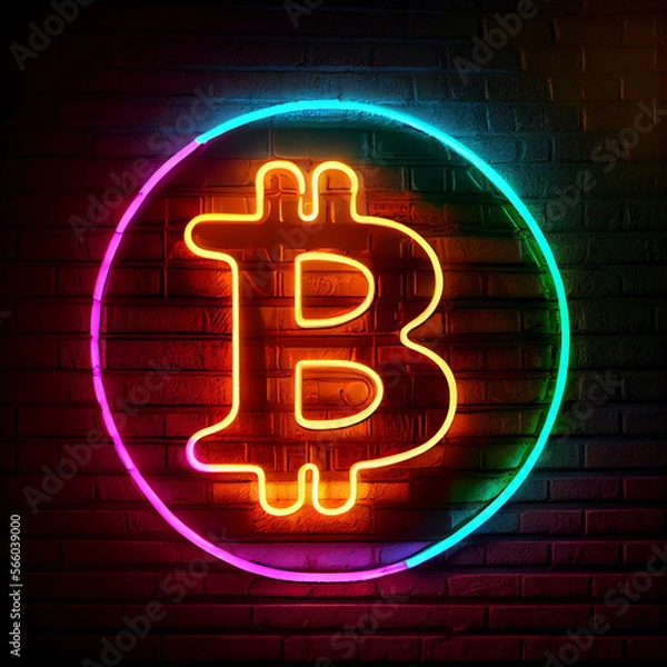 Fototapeta Bitcoin logo neon sign, bitcoin symbol with neon lights wallpaper background