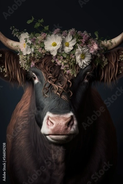 Obraz GemusterteSchwarzwald Kuh dekoriert mit Blumen auf dem Kopf, Tradition, Facing, Generative AI