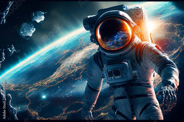 Obraz Astronaut floating in the space with galaxy and planet in background. Generative ai illustration 