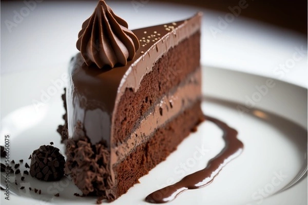 Fototapeta  a piece of chocolate cake with chocolate icing on a plate with a chocolate drizzle on the side of it and a chocolate drizzled on the top.  generative ai