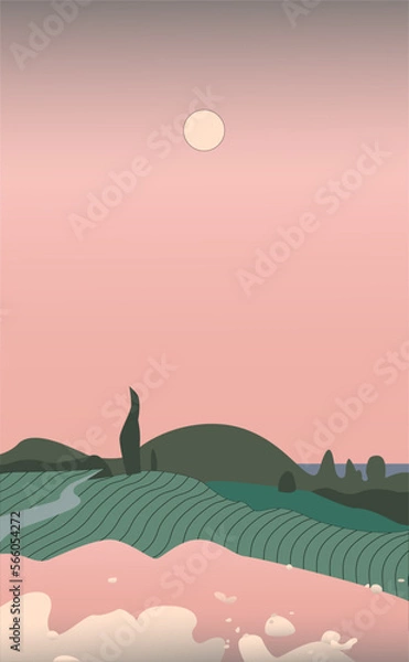 Obraz Vector image, evening Provencal landscape with a field and trees
