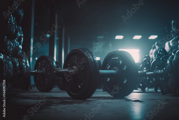 Fototapeta Fitness gym indoor backgound, with free weights, dumbbells, treadmills, generative ai.