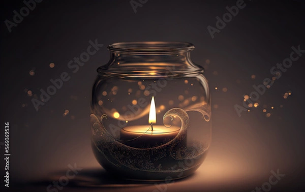 Fototapeta Beautiful candle burning on dark background. Perfect for romantic love concept. Lots of copy space. Based on Generative AI