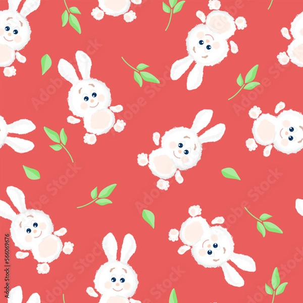 Fototapeta Seamless pattern Cute white fluffy bunny waving on red background with green leaves. Cartoon vector illustration for children's background.