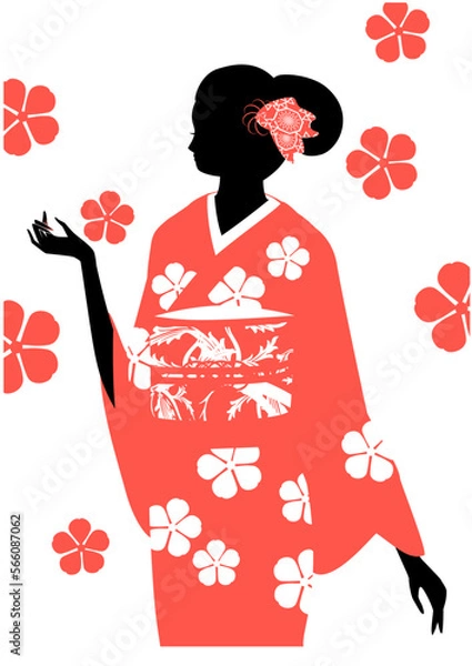 Fototapeta 着物を着た女性のシルエットと桜の花