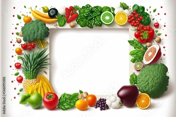 Fototapeta White background with fruits and vegetables, concept of diet and healthy eating. Generative AI