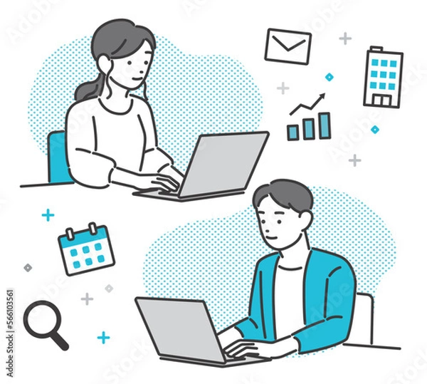 Obraz パソコンでメールをチェックしたりスケジュールを管理する、若い男女のベクターイラスト素材／若者／ビジネス／テレワーク