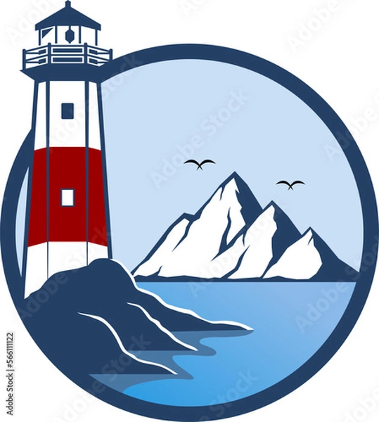 Fototapeta Circle shape with lighthouse and mountain