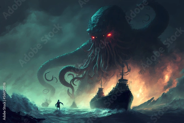 Fototapeta Dark fantasy scene showing Cthulhu the giant sea monster destroying ships, digital art style, illustration painting