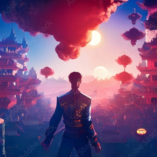 Fototapeta a warrior facing his hometown city created with generative AI 