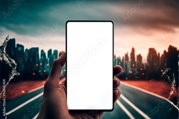 Fototapeta Mobile phone with a white screen in hands, on a city background Generative AI