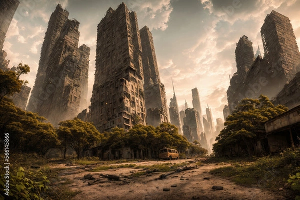 Fototapeta The last remains of us. The post-apocalyptic view of the ruins of a destroyed city overgrown by plants. Generative AI